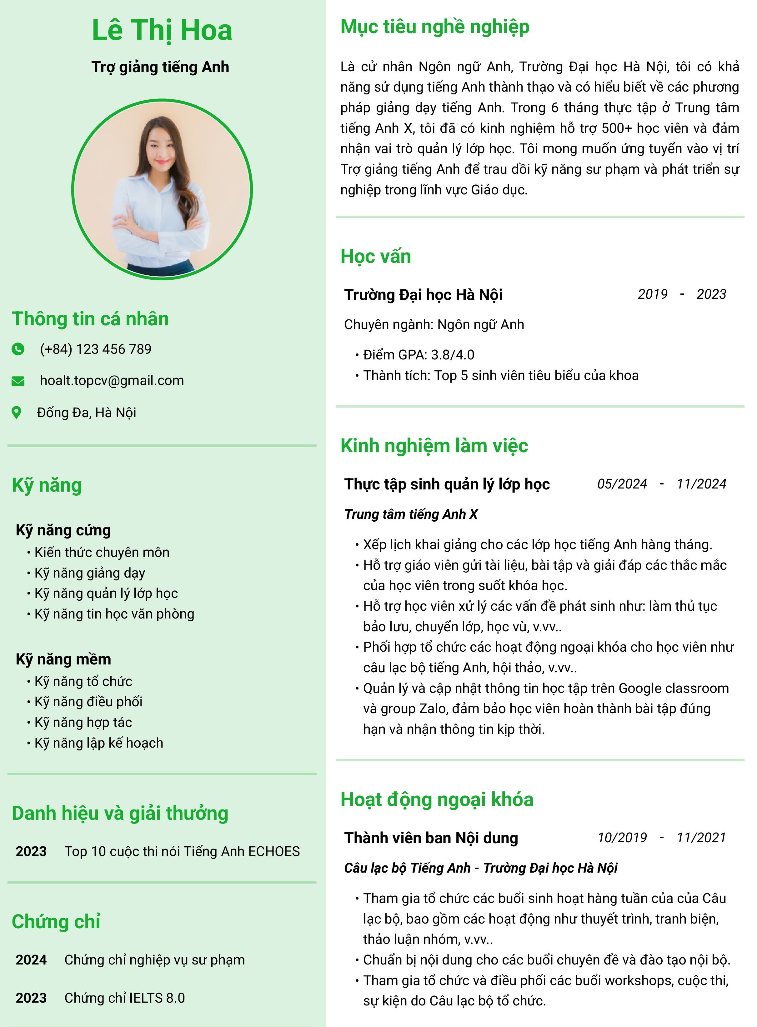 Mẫu CV Trợ giảng cho người đã có kinh nghiệm (trái ngành)